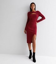 Cutie London Dark Red Knit Long Sleeve Split Hem Cut Out Midi Dress